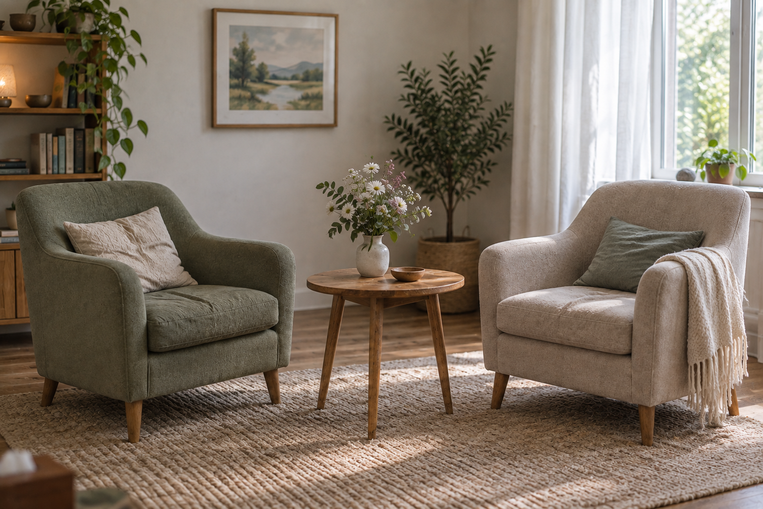 Gemütliche Sitzecke mit zwei Sesseln und einem kleinen Tisch mit Blumen